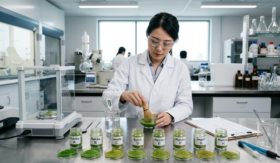 Testing Matcha for Baking A food scientist testing different matcha powders in a lab
