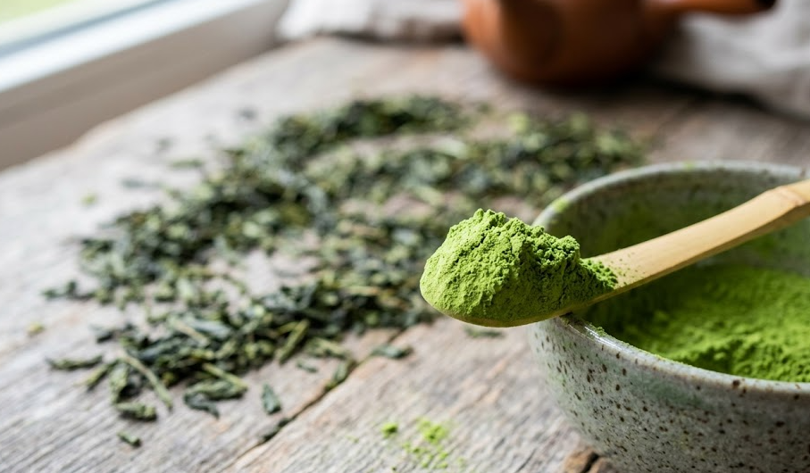 A scoop of matcha powder with tea leaves in the background