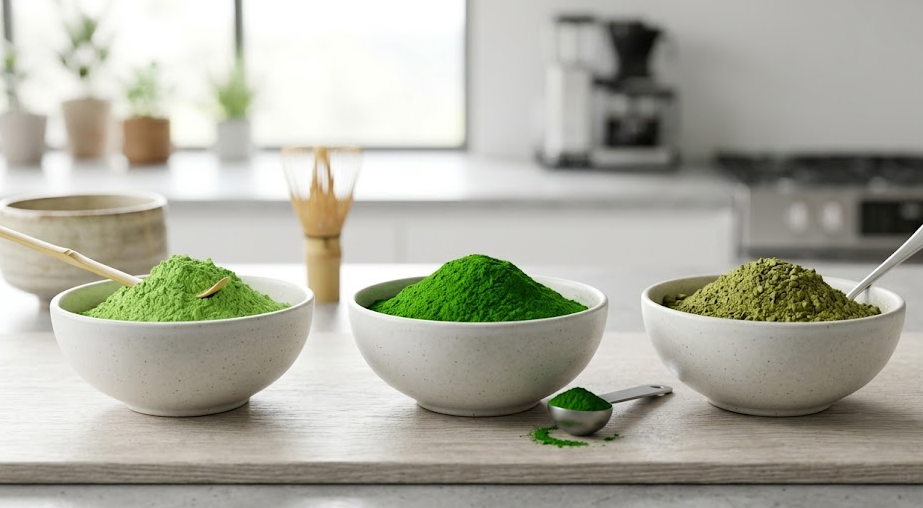 Different grades of matcha powder in bowls