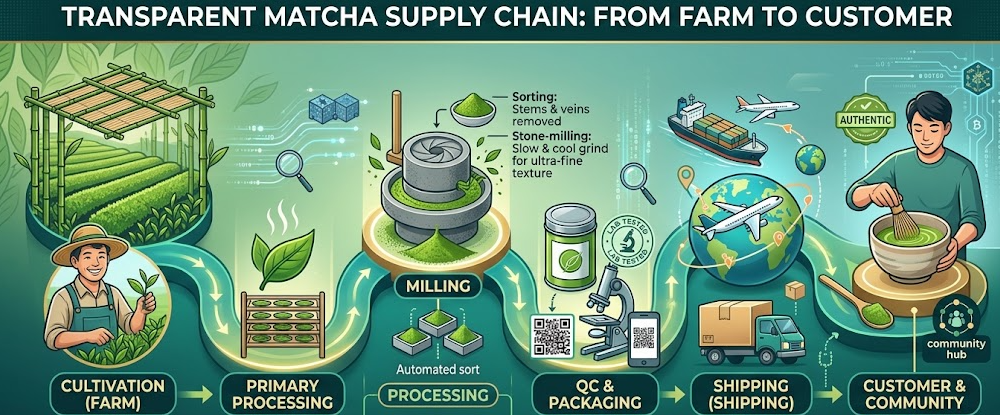 A diagram showing the farm-to-customer journey of matcha, with icons for cultivation, processing, and shipping.
