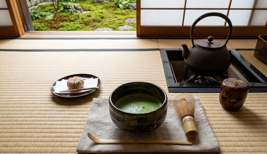 A traditional Japanese tea ceremony setup with a bowl of whisked matcha