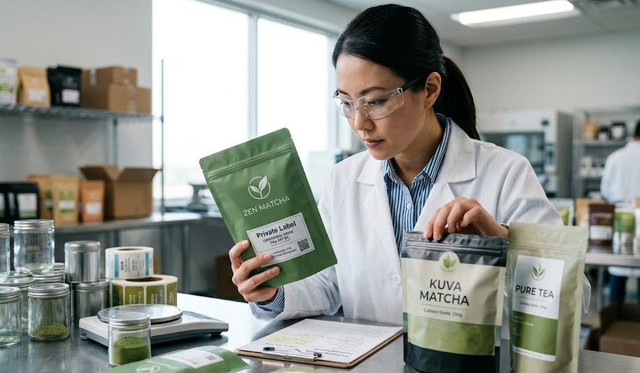 A person inspecting private label matcha packages