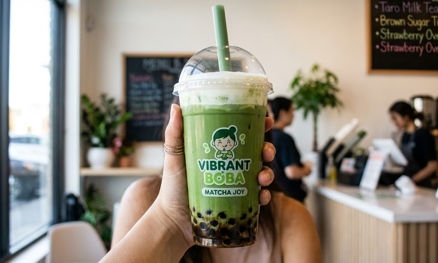 a vibrant green matcha latte for a bubble tea brand