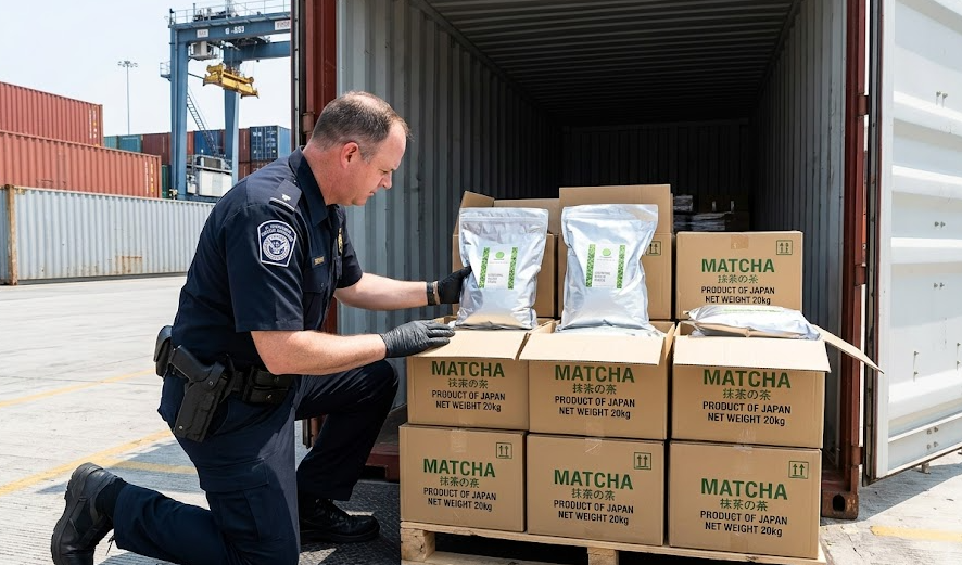A customs officer inspecting a shipping container with matcha boxes.