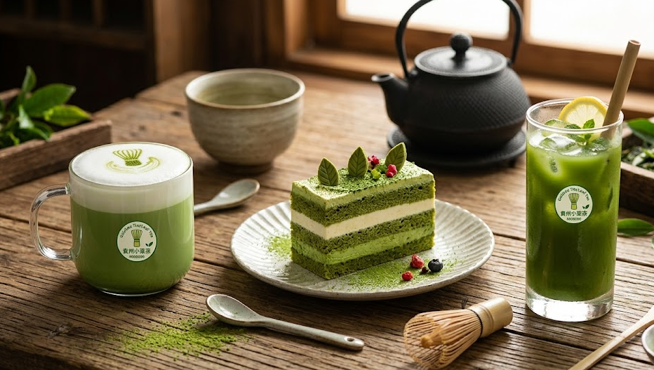 Different matcha applications like a latte, a cake, and a drink