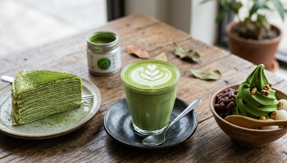 Different matcha applications: latte, cake, and ice cream