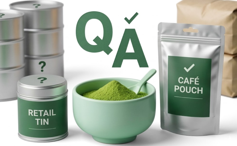 Private label matcha packaging with retail tin, cafe pouch and matcha powder bowl