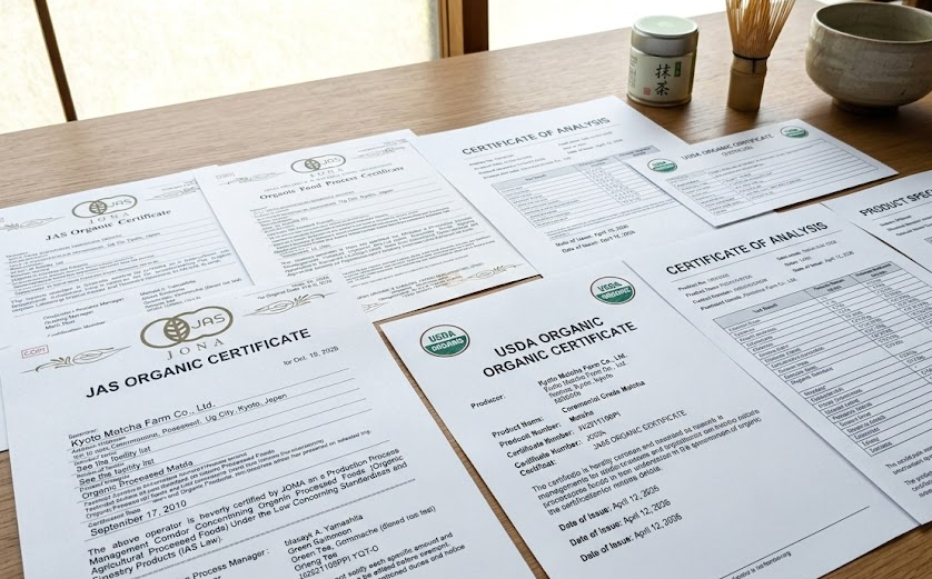 An array of official certification documents for matcha laid out on a table.
