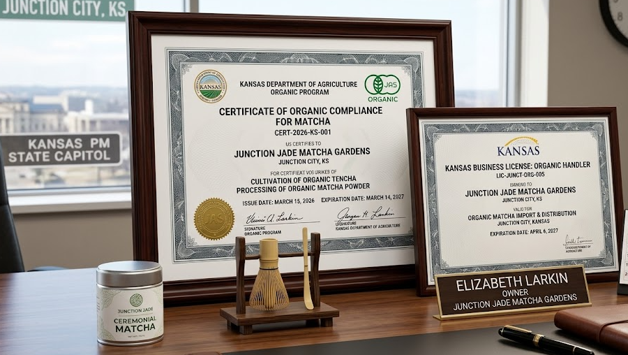Certificates for organic matcha on a desk