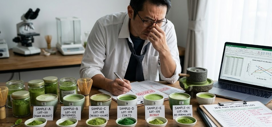 a frustrated R&D manager looking at multiple matcha samples
