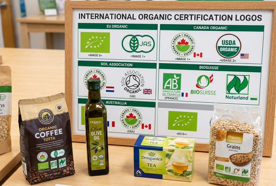 A collection of different international organic certification logos like EU, JAS, and USDA.