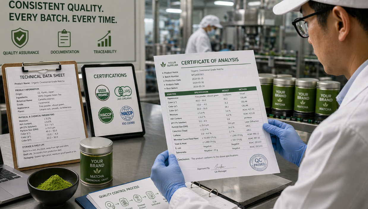 A quality control manager reviewing a Certificate of Analysis document in a factory setting
