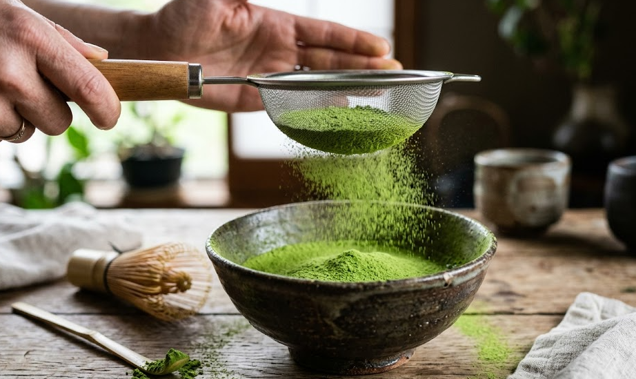 A close-up shot of vibrant green matcha powder being sifted into a bowl, highlighting its fine texture and quality.