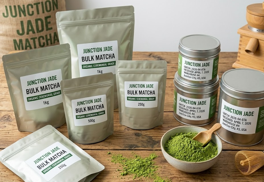 A selection of bulk matcha packaging options like foil bags and tins