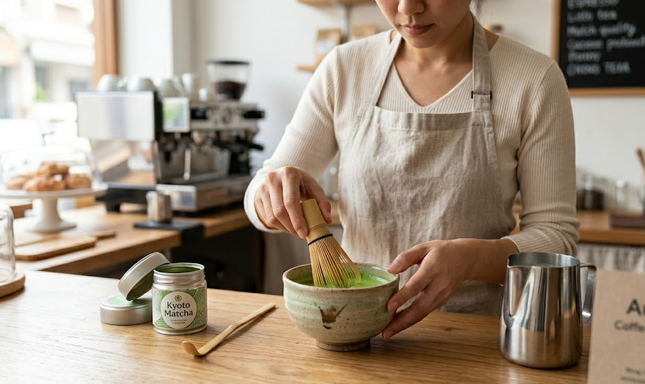 A small cafe owner preparing a matcha latte