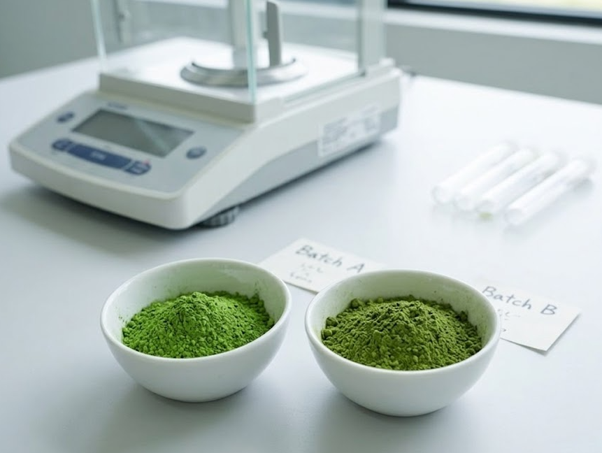 Two batches of matcha powder side-by-side showing slight color difference