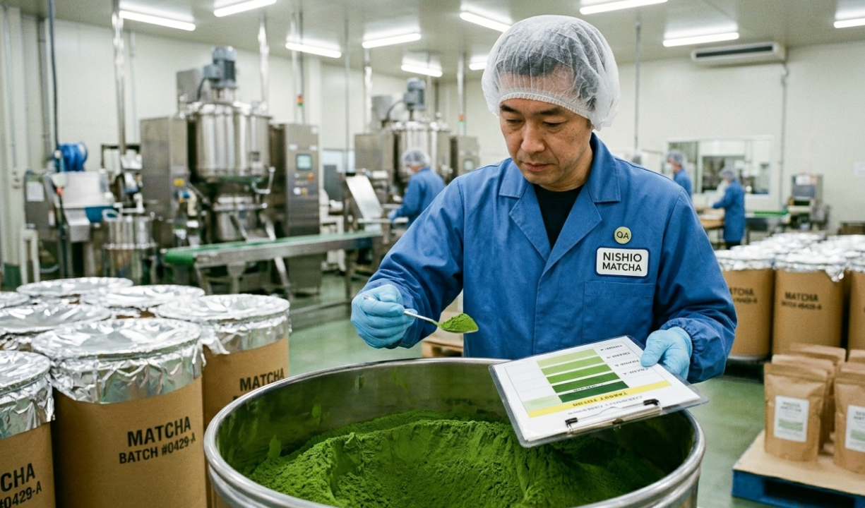 A factory worker inspecting a large batch of matcha powder for color consistency.