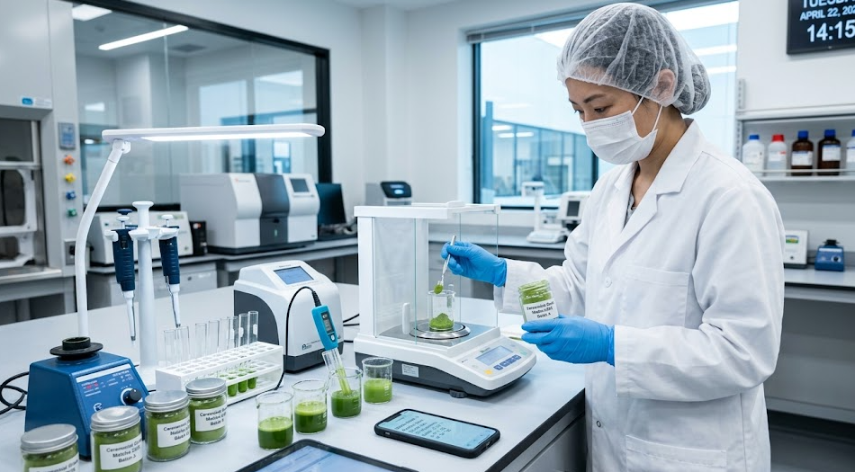 A lab technician testing matcha samples in a clean, sterile environment