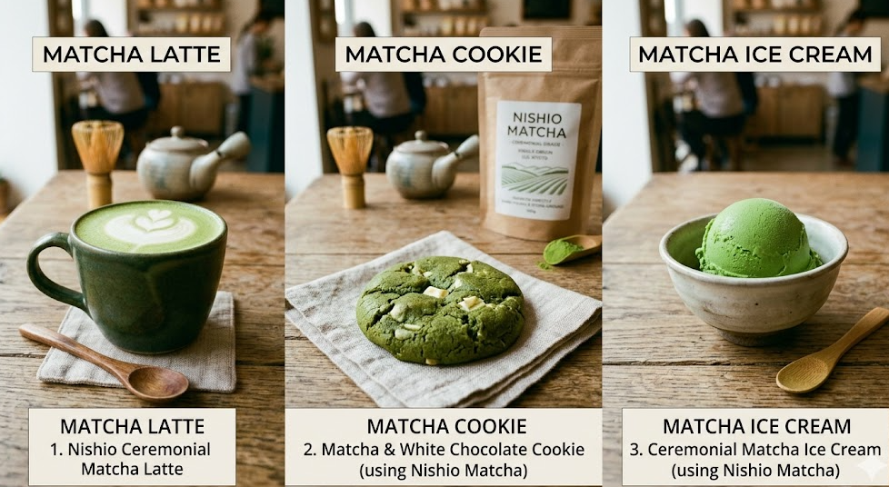 Side-by-side comparison of matcha in a latte, a cookie, and an ice cream scoop.