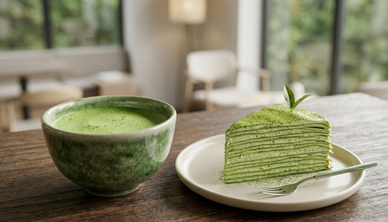 A delicate bowl of ceremonial matcha next to a matcha cake