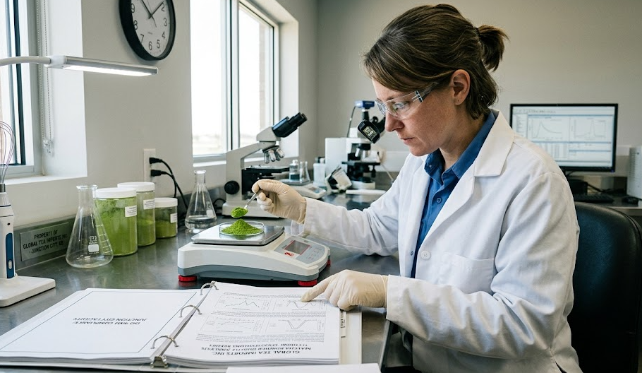 A lab technician reviewing a Certificate of Analysis for matcha