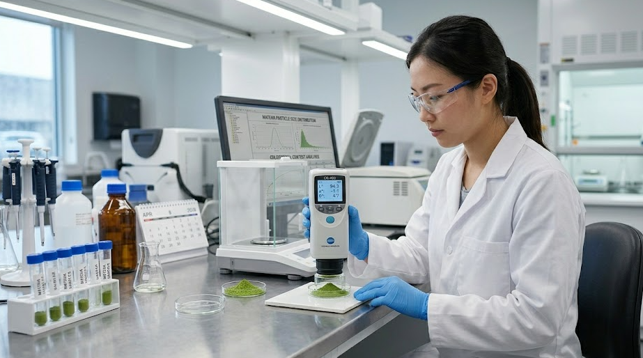 A lab technician using a colorimeter to measure the L*a*b* value of a matcha sample.