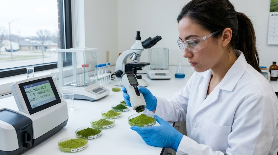 A lab technician inspecting matcha powder for color consistency