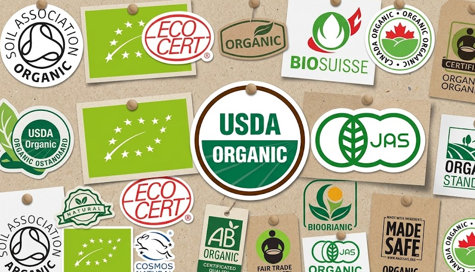 A collage of certification logos like USDA Organic, EU Organic, JAS