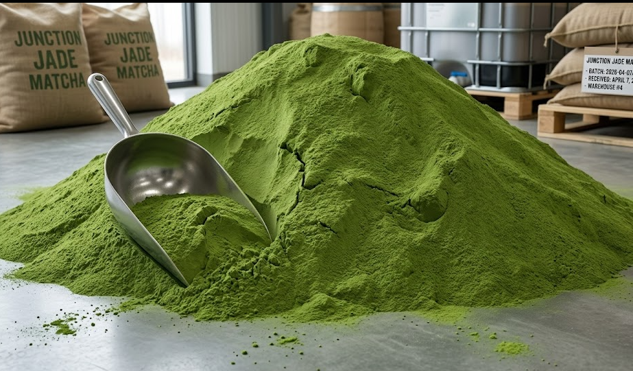 A large pile of bulk matcha powder with a scoop