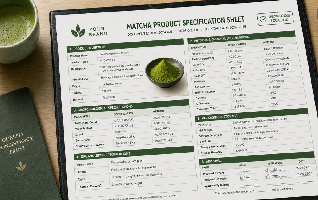 A technical specification sheet for matcha powder