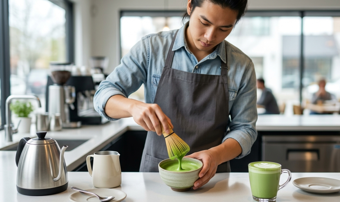 a barista quickly preparing a matcha drink without clumps