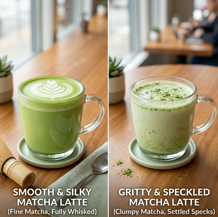 Side-by-side comparison of a smooth matcha latte and a gritty one