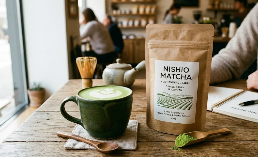 A cup of matcha latte next to a bag of matcha powder, representing sourcing decisions.