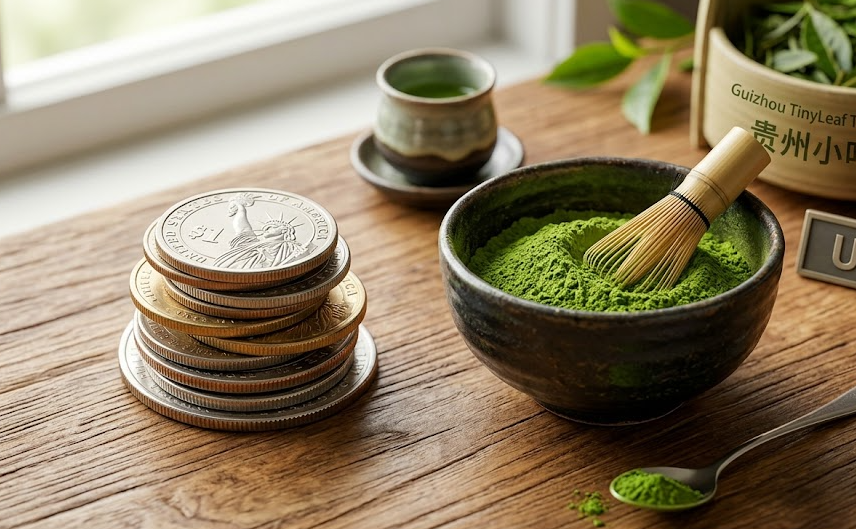 A stack of coins next to a bowl of matcha powder
